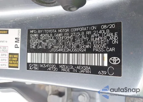 2021 Toyota Corolla Se из США, поврежденный, VIN JTDS4MCE2MJ060924